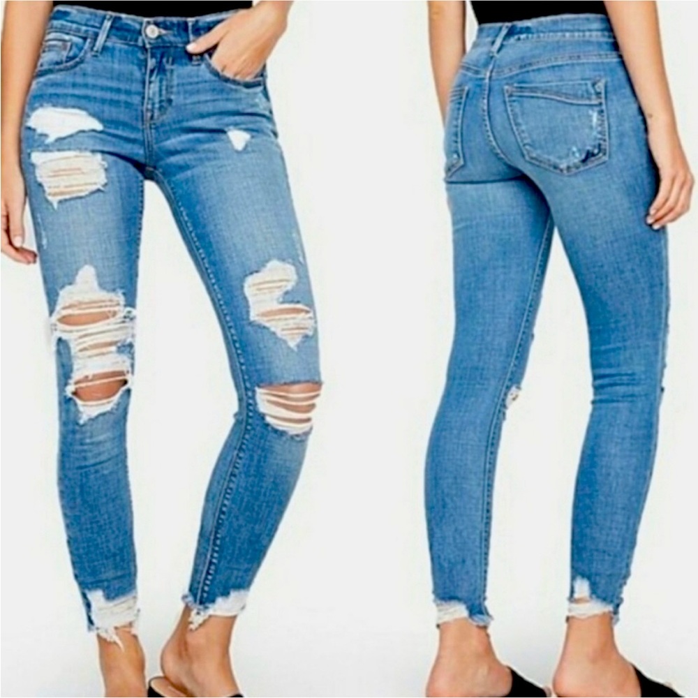 Mid-rise ankle distressed skinny jeans